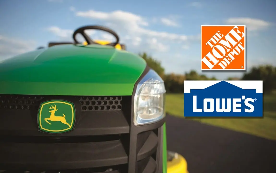 john deere mower with the home depot and lowes logos to the side of it